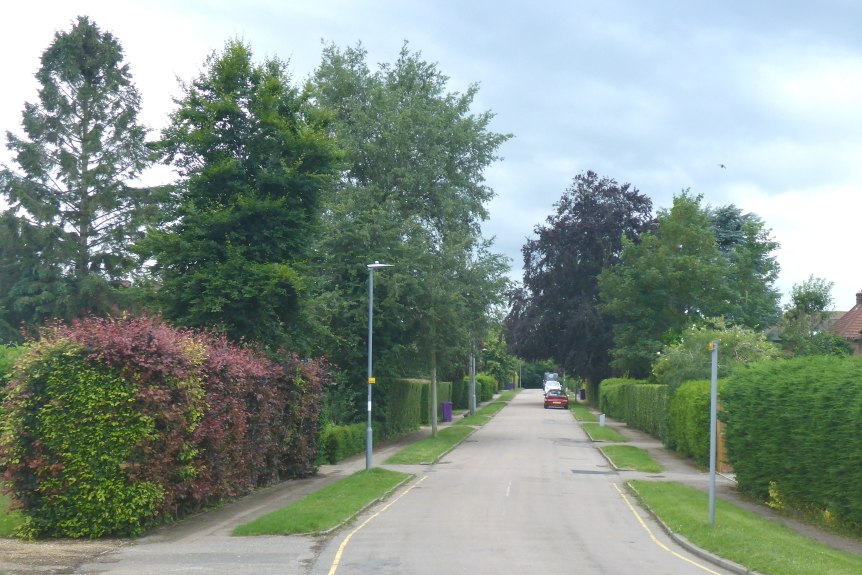 This image: A photo of Oakfields Road, an original Knebworth
							 Garden Village street, with grass verges and gardens fronted by
							 hedgerows. The map: The map now shows local bus routes and stops
							 in blue, and the railway line in red, to the west of the site.
							 Local facilities as listed in this chapter are marked by gold
							 pins, with some estimated walking times from the two main proposed
							 site entrances. These walking times range from 3 to 10 minutes.